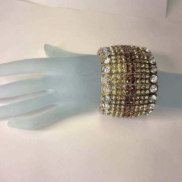 Shimmering Clear Rhinestone Sparkly Gold Tone Formal Thick Bracelet - Picture 3 of 13